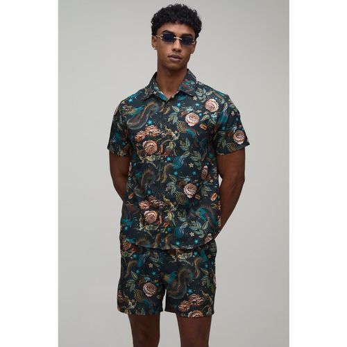 BoohooMAN Mens Dragon Print Regular Fit Shirt & Short Set - Black Viscose - X-Sma