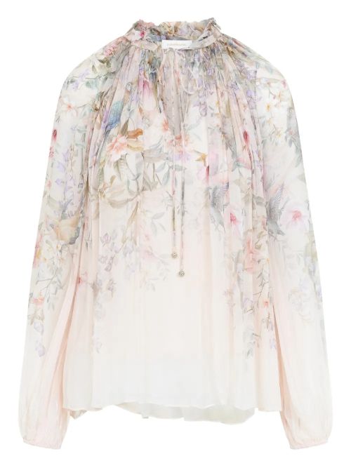 Ruffled Floral-Print Blouse — Cream