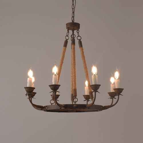Candlely Rustic Flaxen Hemp Rope & Metal 8-Light Round Candelabra Chandelier in Rust