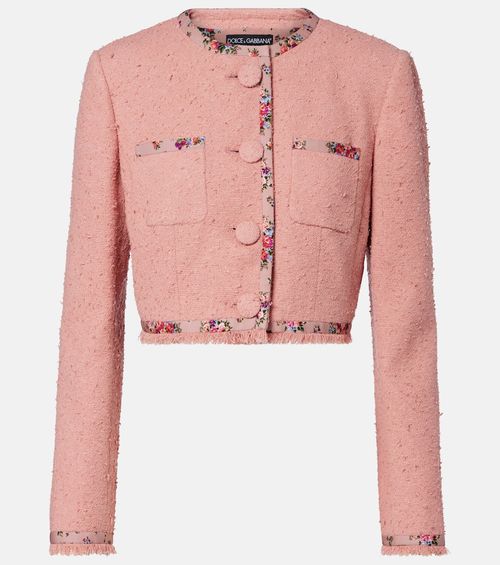 Floral cropped cotton-blend tweed jacket