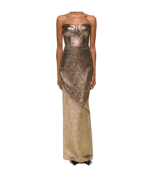 Pleated Bust Metallic Jacquard Gown