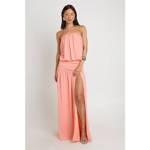 Boohoo Women's Tall Chiffon Bandeau Blouson Ruched Drop Waist Maxi Dress in Peach