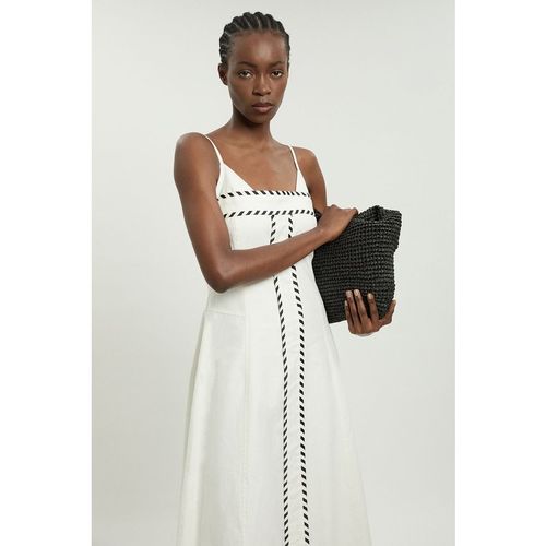 Karen Millen Womens Tailored Linen Blend Contrast Stitch Midi Dress - White Cotton