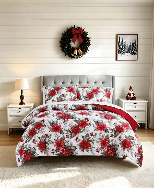 Pointsettia Soft Hand Feel 3-Piece Comforter Set - Red
