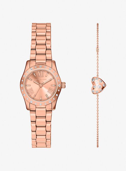 Petite Lexington Pavé Rose Gold-Tone Watch and Heart Bracelet Gift Set