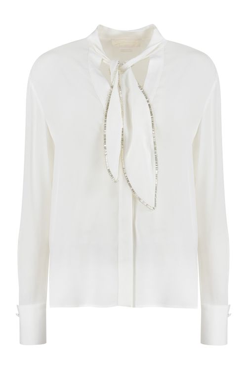 Creased Pleated Shirt with Pussy-Bow Collar