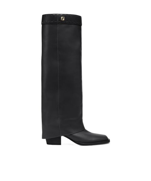 Black leather high-heeled boots