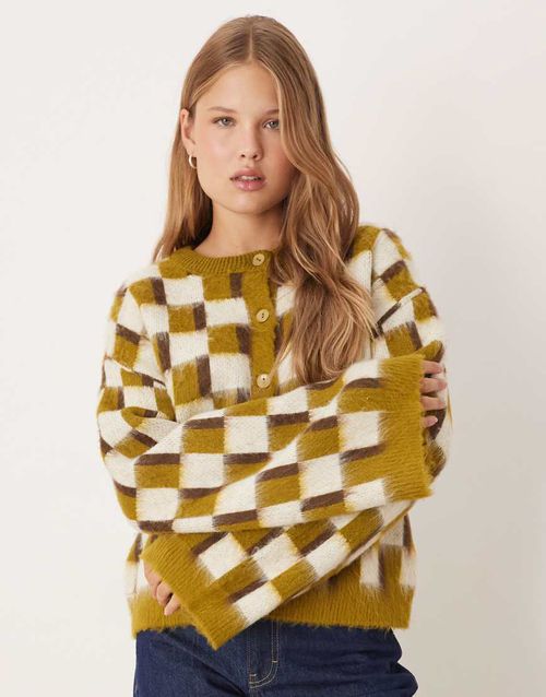 Knitted brushed cardigan in retro pattern-Multi