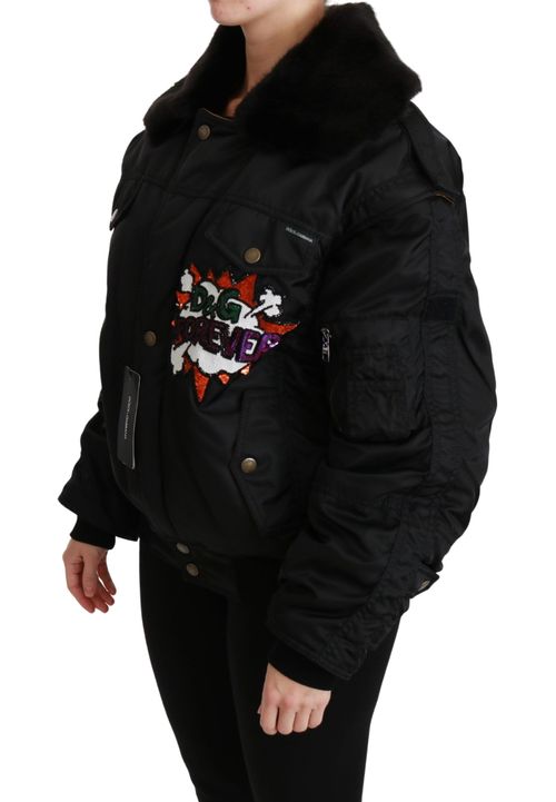 Queen Crown Sequined Bomber Jacket — Black