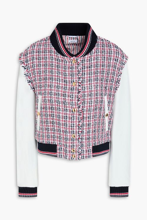 Leather-paneled checked cotton-tweed bomber jacket - Red - IT 38