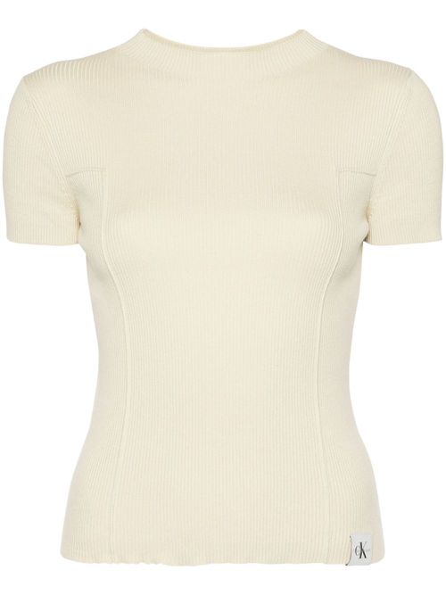 Mock-neck ribbed T-shirt - Neutrals
