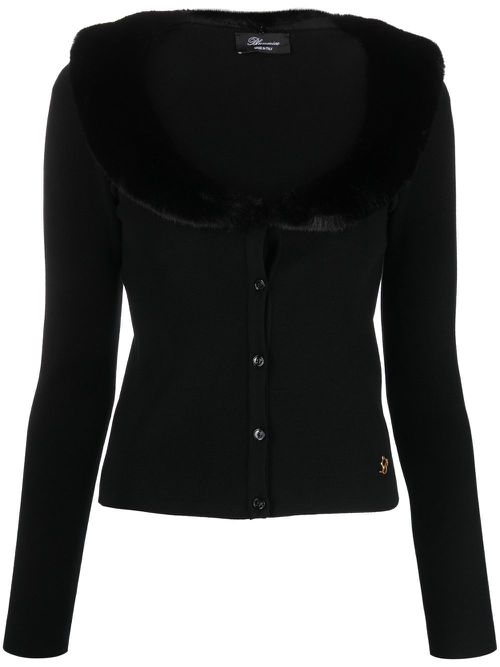 Faux-fur collar knitted cardigan - Black