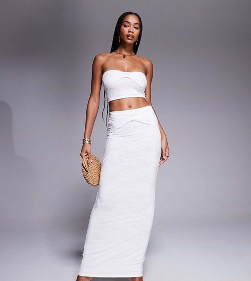 Exclusive double layered slinky lace knot detail maxi skirt co-ord in ivory-White