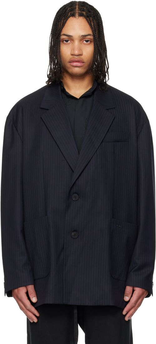 Navy Wool Stripe Wide Blazer