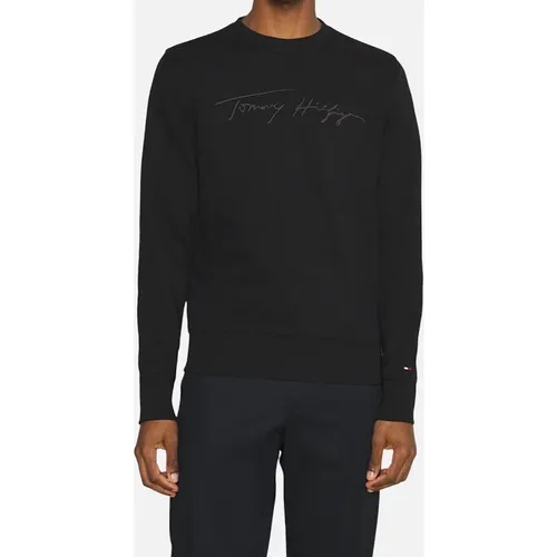 Men's TOMMY HILFIGER Mens Sweatshirt Signature Embossed Logo Fleece Pullover Crew Neck - Black - Size: 46/Regular
