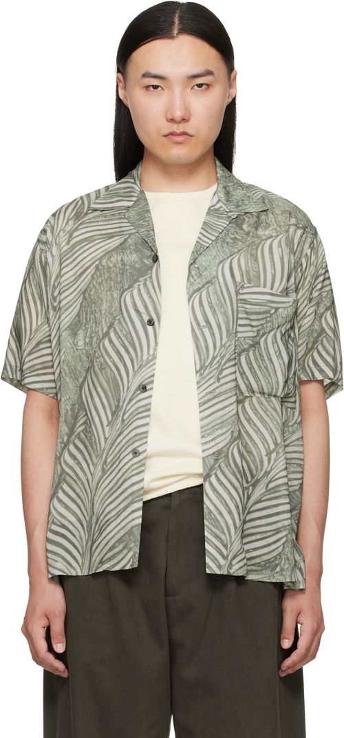 Green Leaf Pattern Printed Rayon Open Collar Shirt