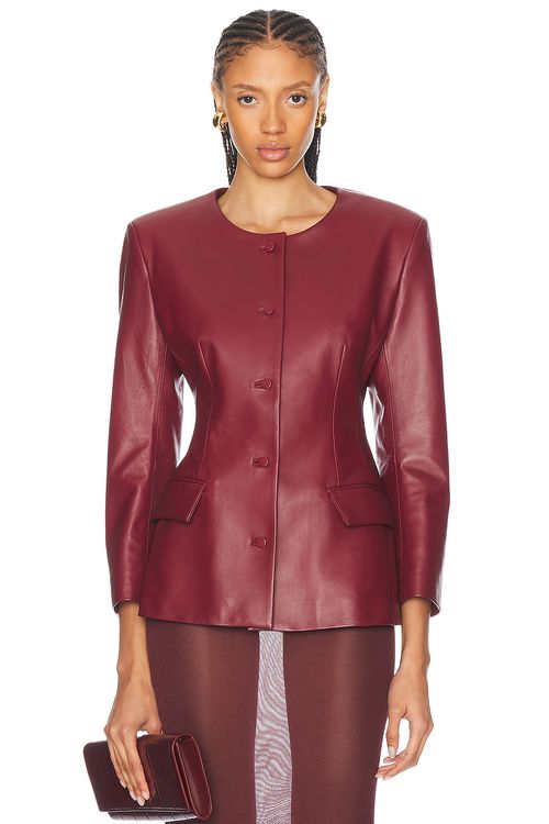 AEXAE Leather Padded Contoured Blazer in Deep Red - Burgundy. M also in