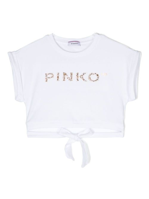 Crystal-embellished logo cropped T-shirt - White