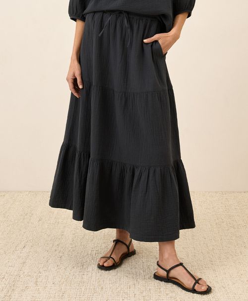 Women's Black Coastal Double Gauze Tiered Maxi Skirt
