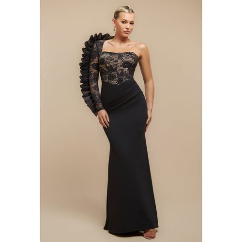 One Shoulder Organza  Fan Detail Lace Bodice Maxi Dress