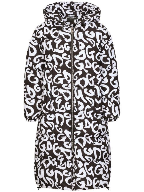 Logo-print hooded zip-up coat - Black