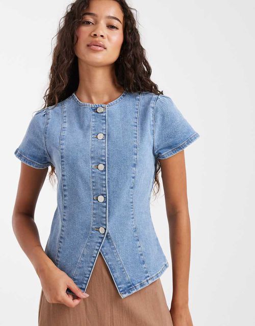 Short sleeve denim asym top in blue wash