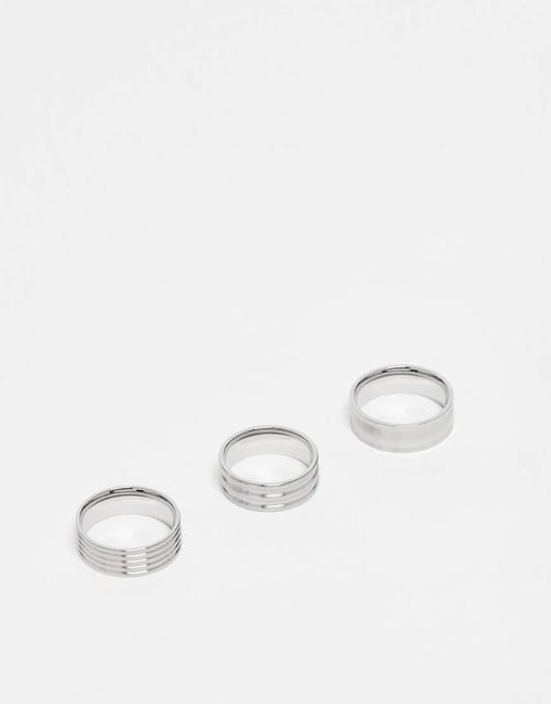 ASOS DESIGN 3 pack stainless steel embossed band rings in brushed silver tone