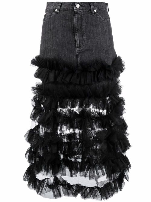 Ruffle tulle-trim denim A-line skirt - Black