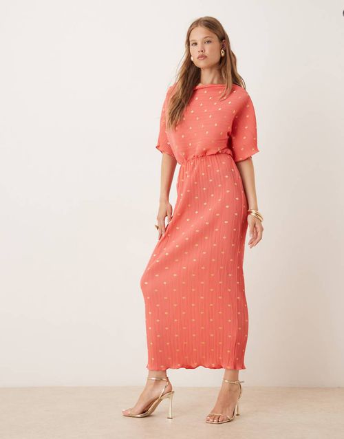 Tilly off shoulder plisse midaxi dress in coral and gold-Pink
