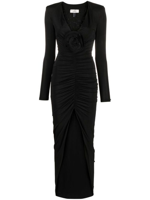 Floral-appliqué ruched maxi dress - Black