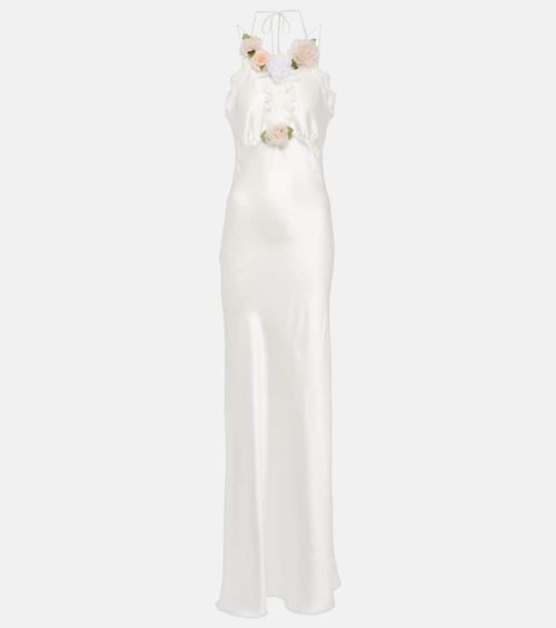 Bridal floral-appliqué lace-trimmed silk gown