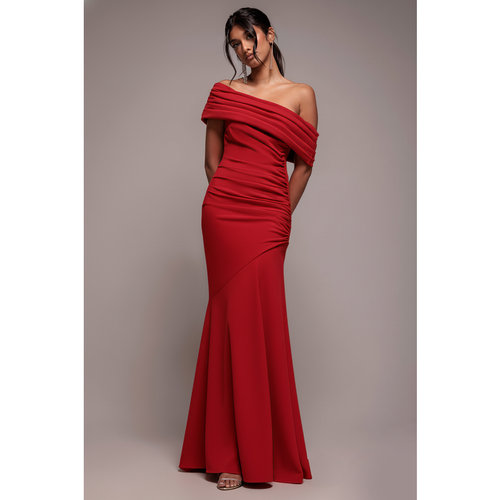 Goddiva Pleated One Shoulder Bardot Fit And Flare Maxi Dress - Red
