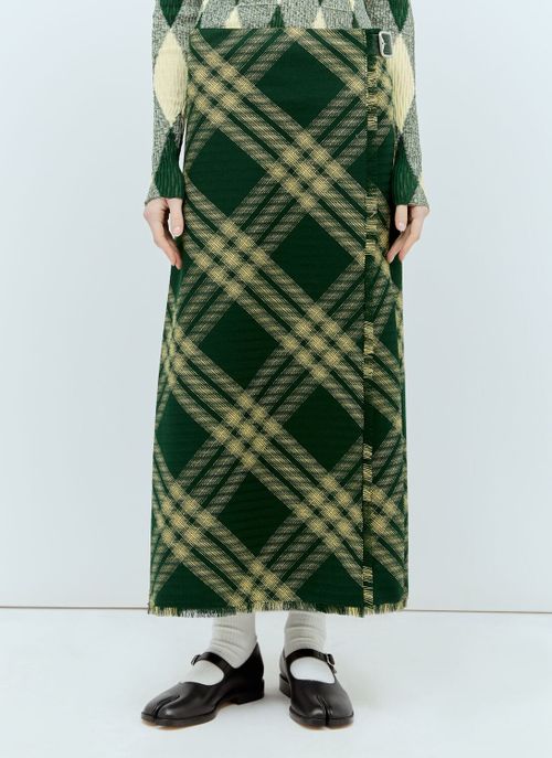 Wool Check Midi Skirt - Woman Skirts Green Uk