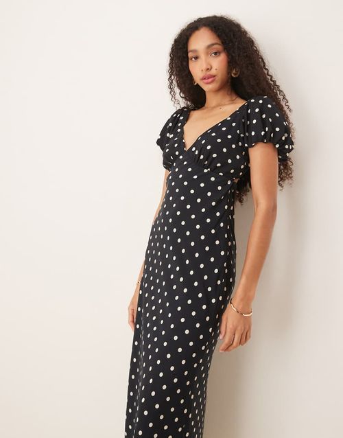 Abercrombie & Fitch puff sleeve tie back slip maxi dress in black polka dot-White
