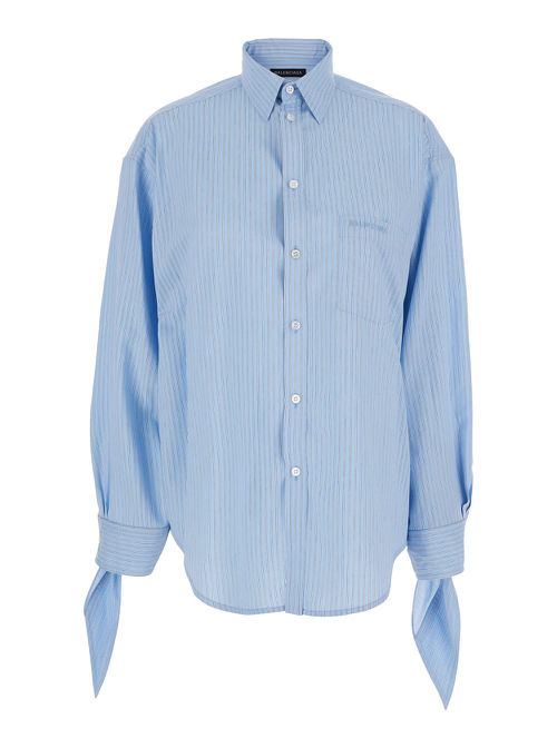 Blue Oversized Shirt With Embroidered Logo On The Front And Knotted Cuffs In Viscose Blend Woman