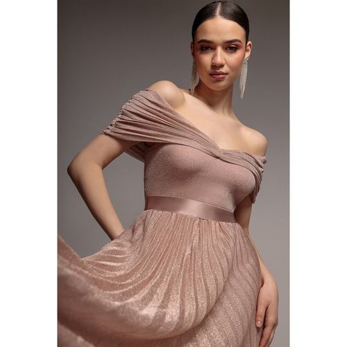 Goddiva Bardot Pleated Skirt Maxi Dress - Blush