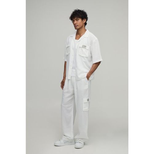 BoohooMAN Mens Linen Oversized Short Sleeve Cargo Shirt & Baggy Trouser Set - White Cotton - Sma