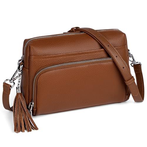 Befen Soft Real Leather Crossbody Purses for Women Small Cross Body Bags Leather Shoulder Travel Purse with Built in RFID Wallet Cognac Brown
