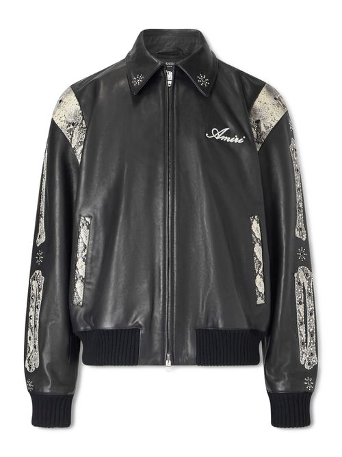 Bones Snake-Effect Panelled Studded Logo-Embroidered Leather Jacket