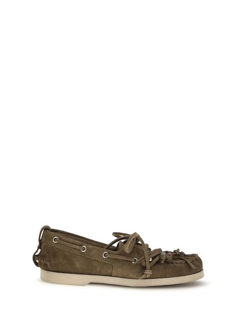 Tassel-Embellished Calf Leather Boat Shoe — Beige