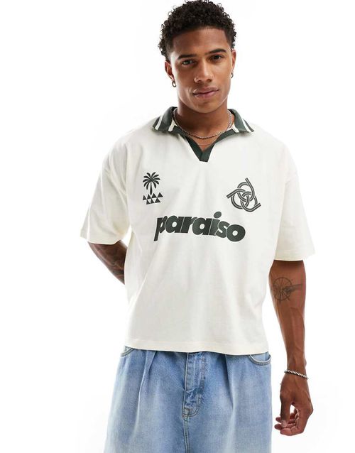 ASOS DESIGN oversized polo shirt in off white with paraiso front print