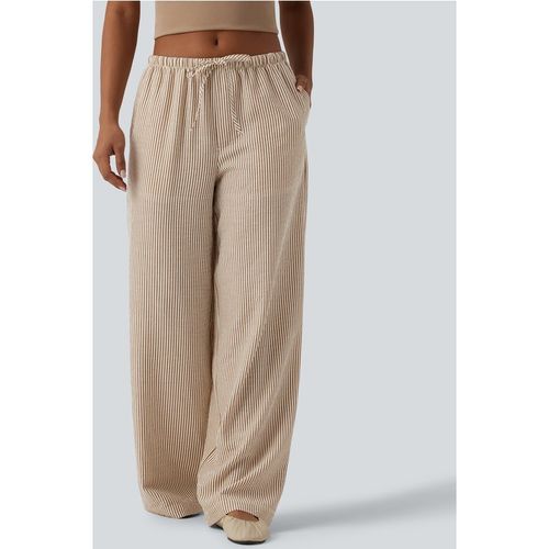 Halara Low Rise Drawstring Stripes Linen-Feel Casual Baggy Trousers with Pockets - French Oak - XLregular