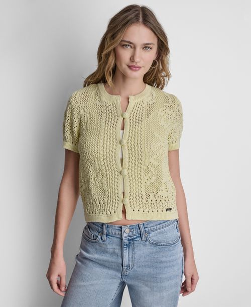 Women's Short-Sleeve Crewneck Cardigan - Pastel Yellow