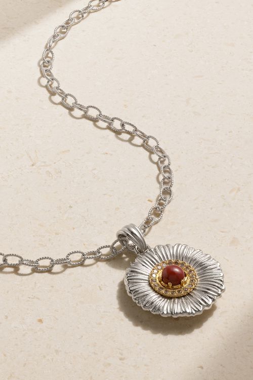 Blossom Sterling Silver And Gold-plated, Jasper And Diamond Necklace - One size