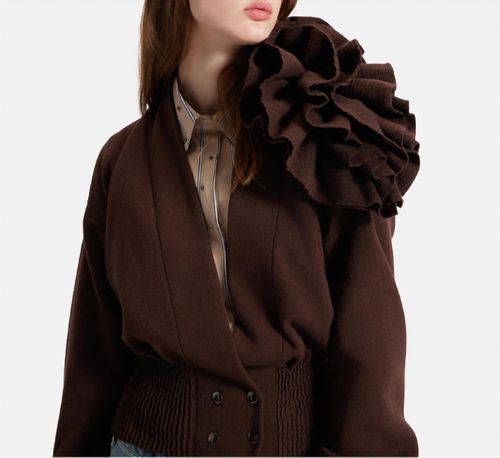 Nomia Ribbed Waist Rosette Cardigan Top In Koffee