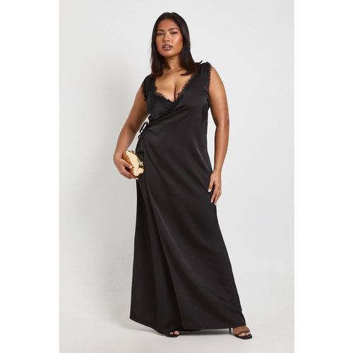 Boohoo Women's Plus Lace Trim Wrap Satin Maxi Dress in Black