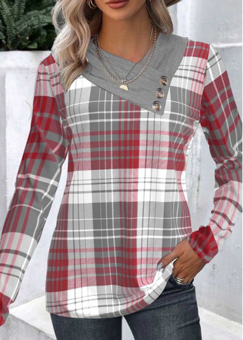 Modlily Wine Red Patchwork Plaid Long Sleeve Asymmetrical Neck Sweatshirt