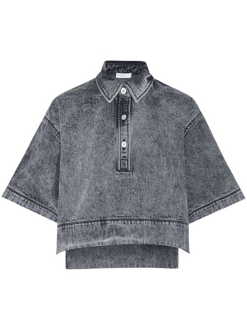 Cropped denim polo top - Black