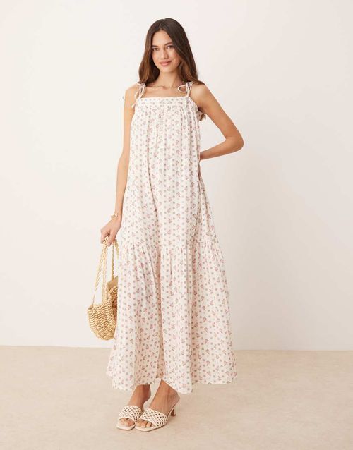 Tie shoulder boho smock maxi dress in ditsy pink floral print-White