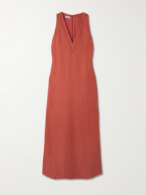 Bead-embellished Twill Midi Dress - Orange